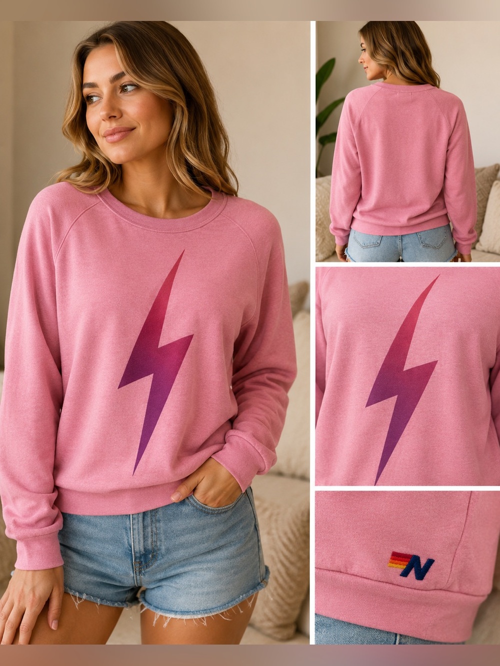 Aviator Nation Pink Sweatshirt with Purple Lightning Graphic